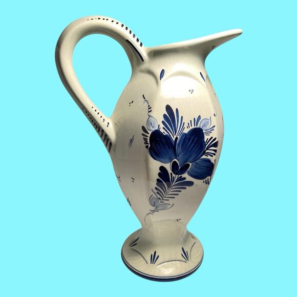 Vtg Delft Blue 9” Pitcher Made in Holland Blue White Floral Hand Painted H.6.16A - Picture 4 of 14
